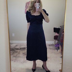 Neiman Marcus Navy Satin Puff Sleeve Dress